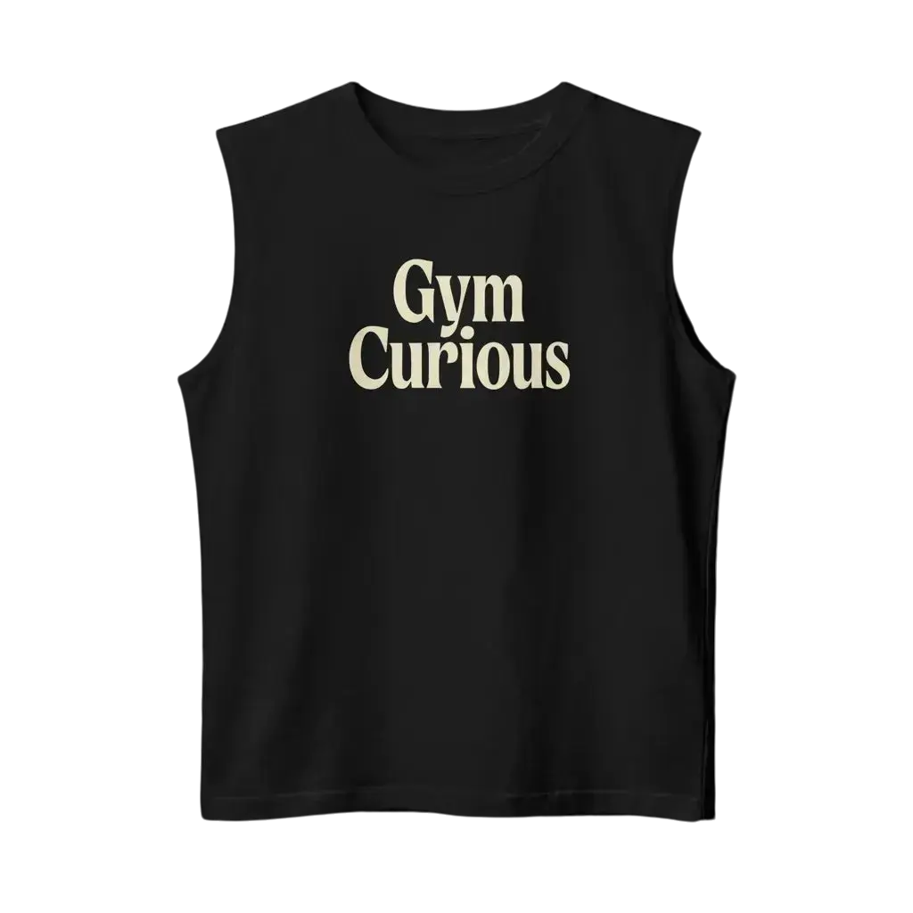 muscle tank for Raw Circuit on black that says “Gym Curious”