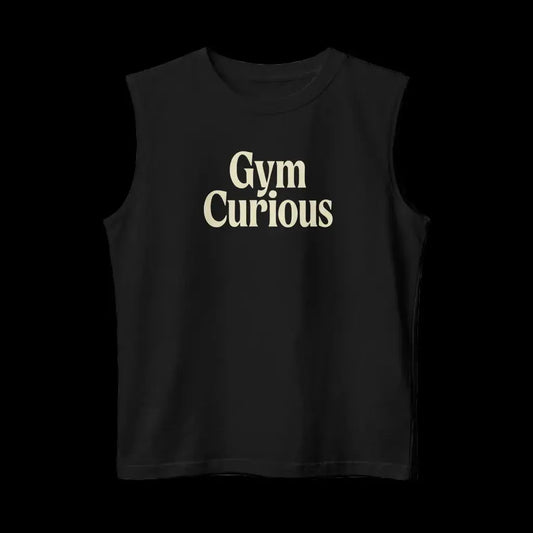 Sleeveless muscle tank for Raw Circuit on black that says “Gym Curious”