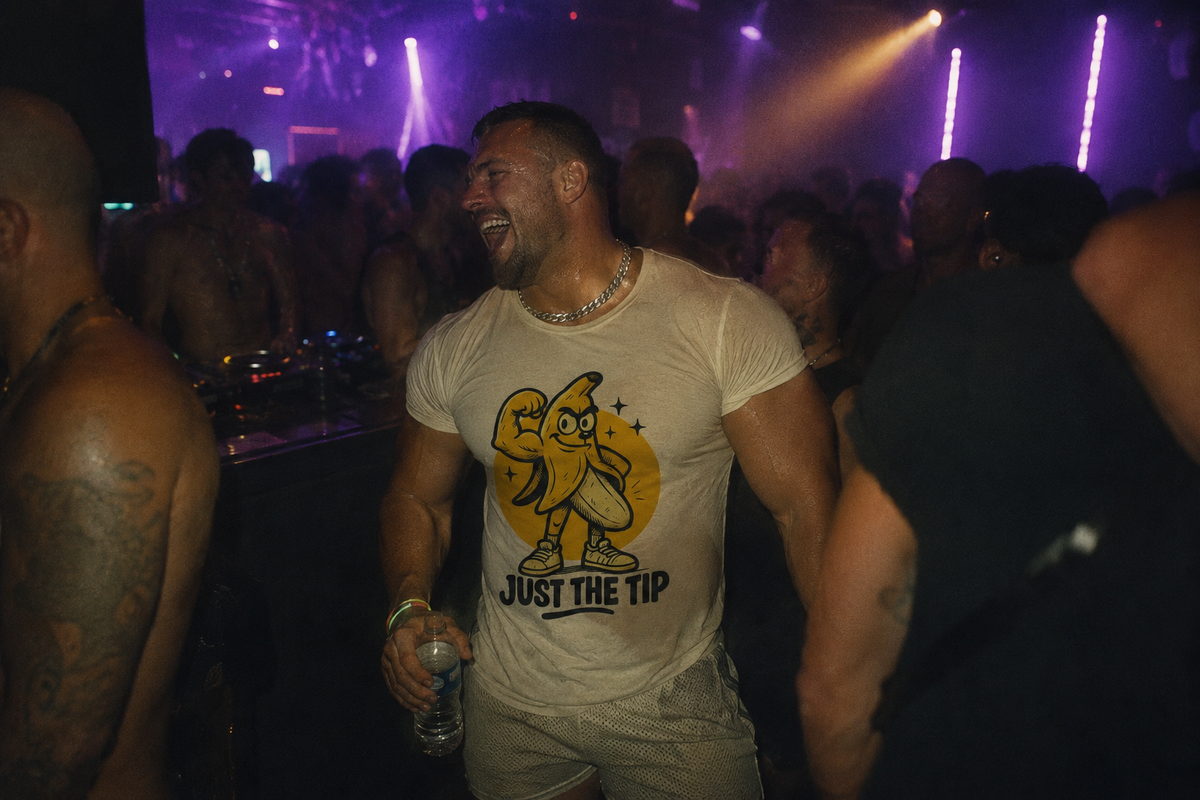 Man wearing Raw Circuit's 'Just The Tip' Graphic tee in gay nightclub.