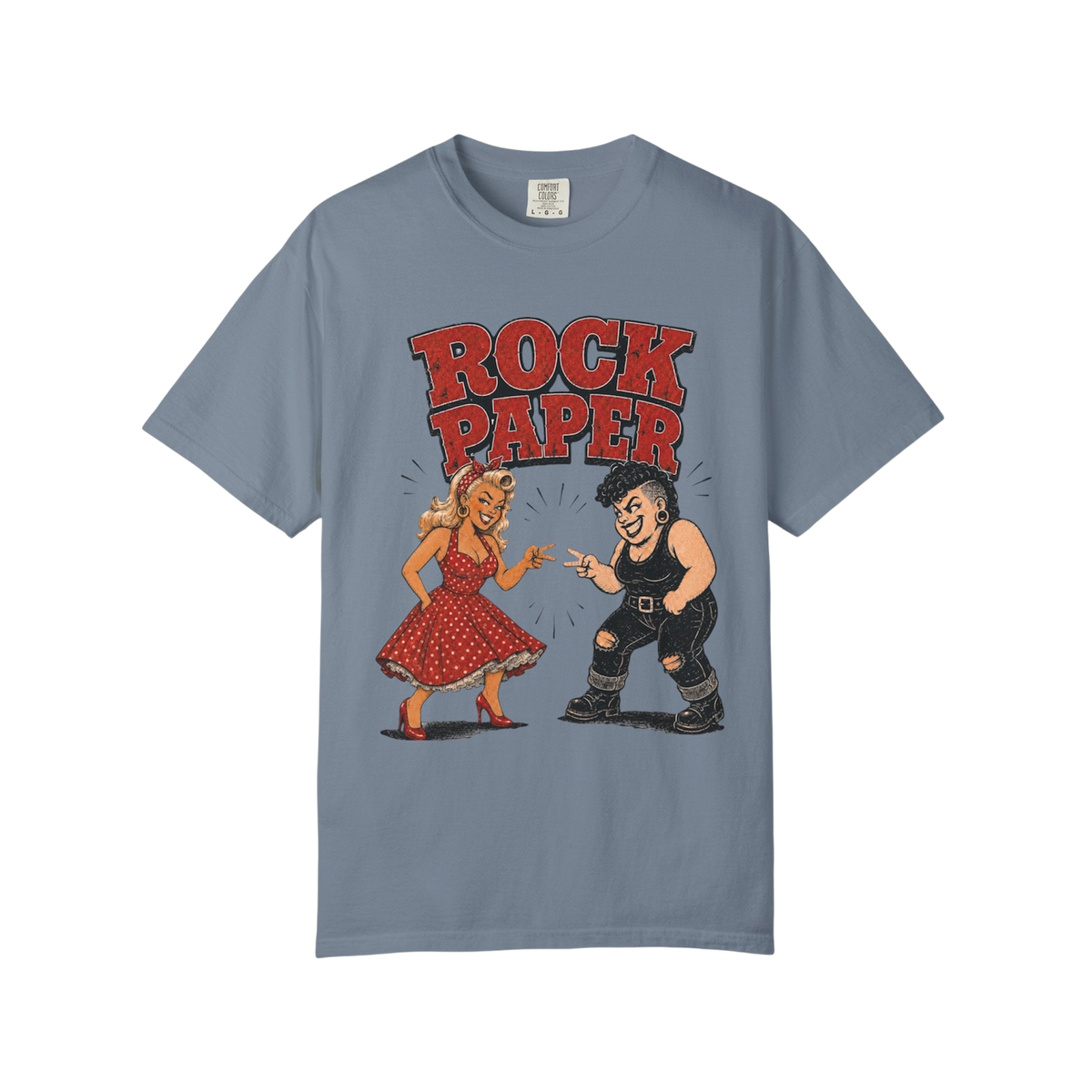 Vintage rockabilly pinup and tattooed character facing off beneath Rock Paper typography on blue Jean colored shirt