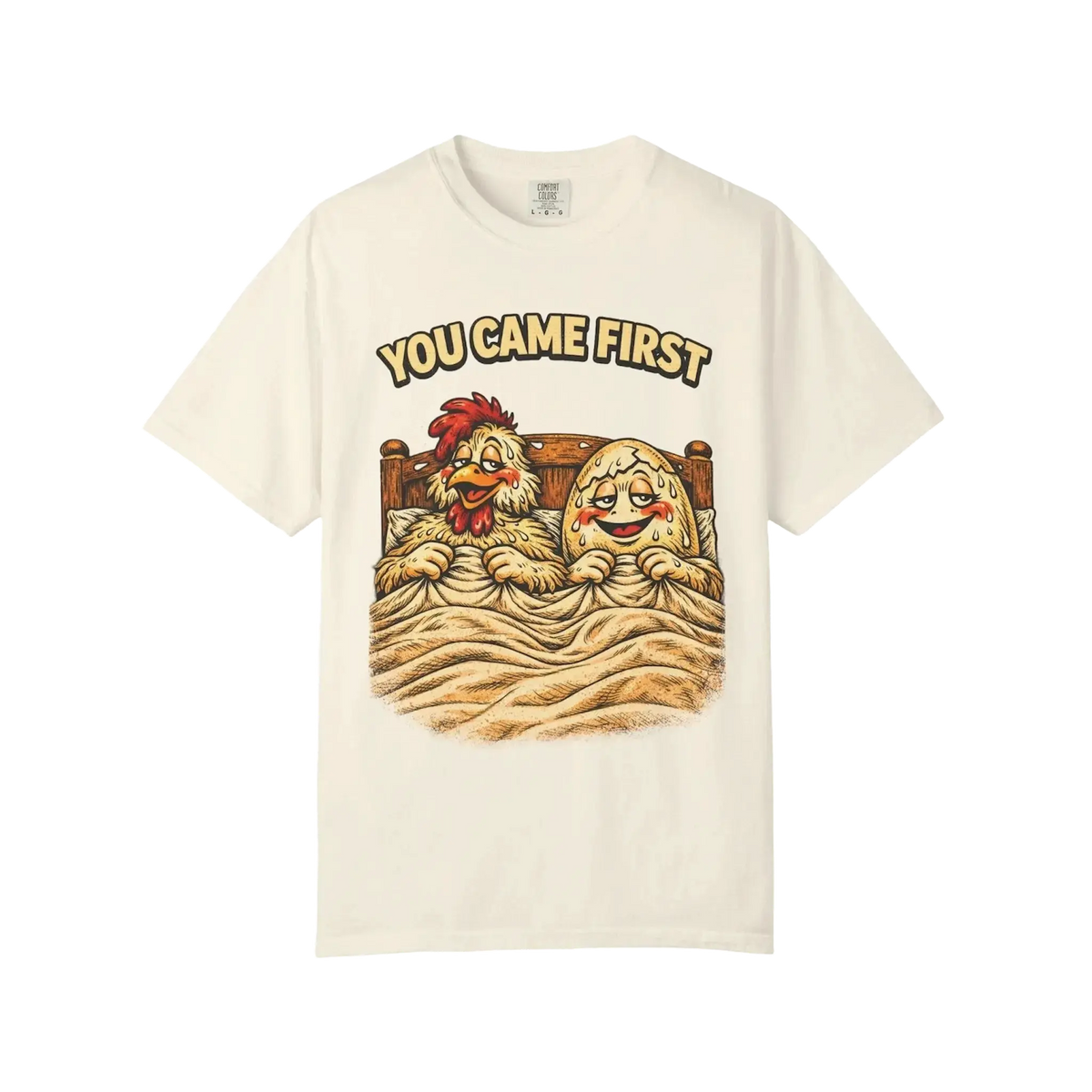 You came first, chicken & egg in bed graphic on ivory heavyweight tee for Raw Circuit.