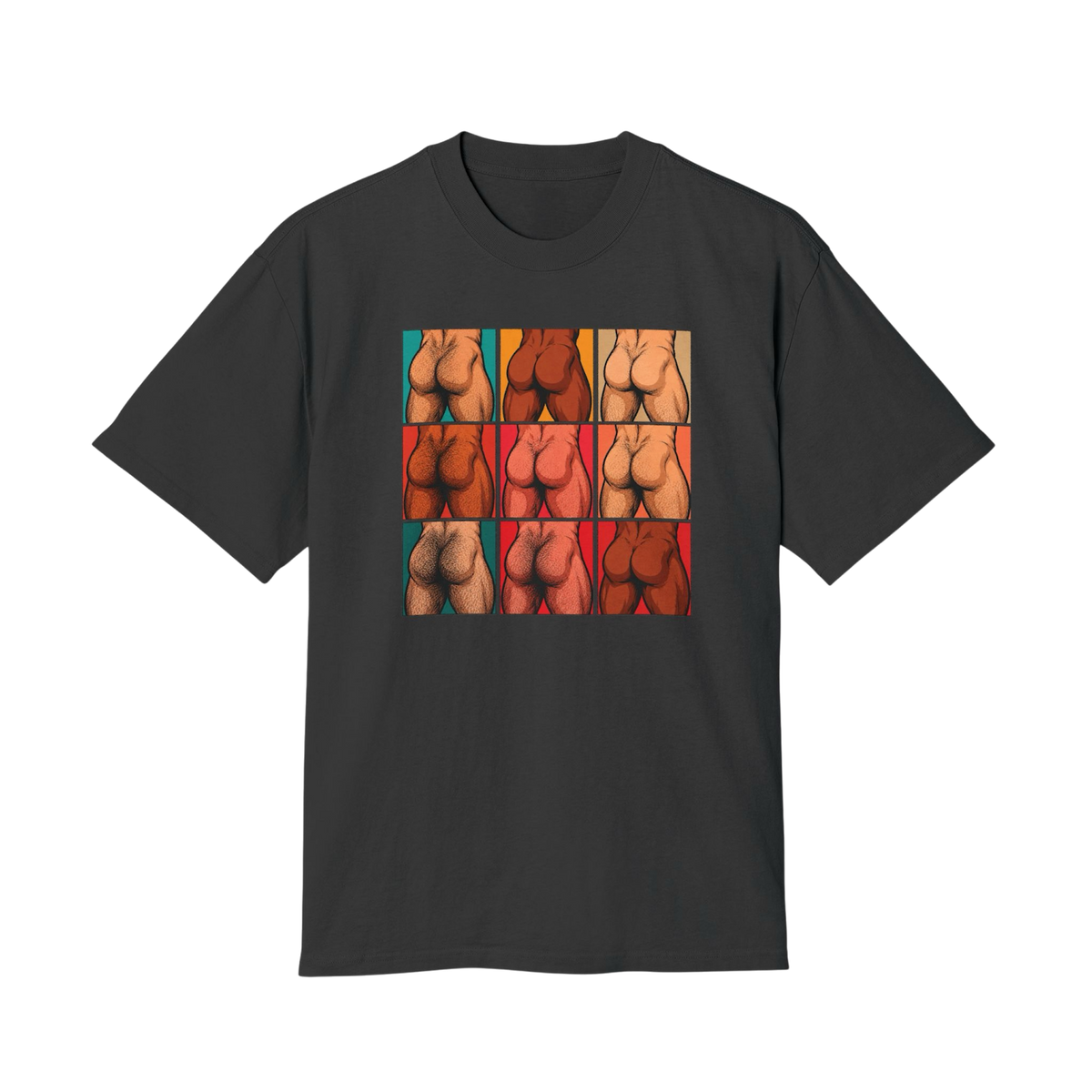 The Lineup in Faded Black featuring nine illustrated male figures arranged in a saturated color grid