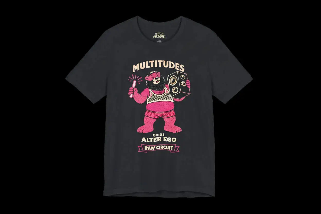Multitudes Alter Ego graphic t-shirt by Raw Circuit featuring pink bear character with speaker and glow stick in retro style