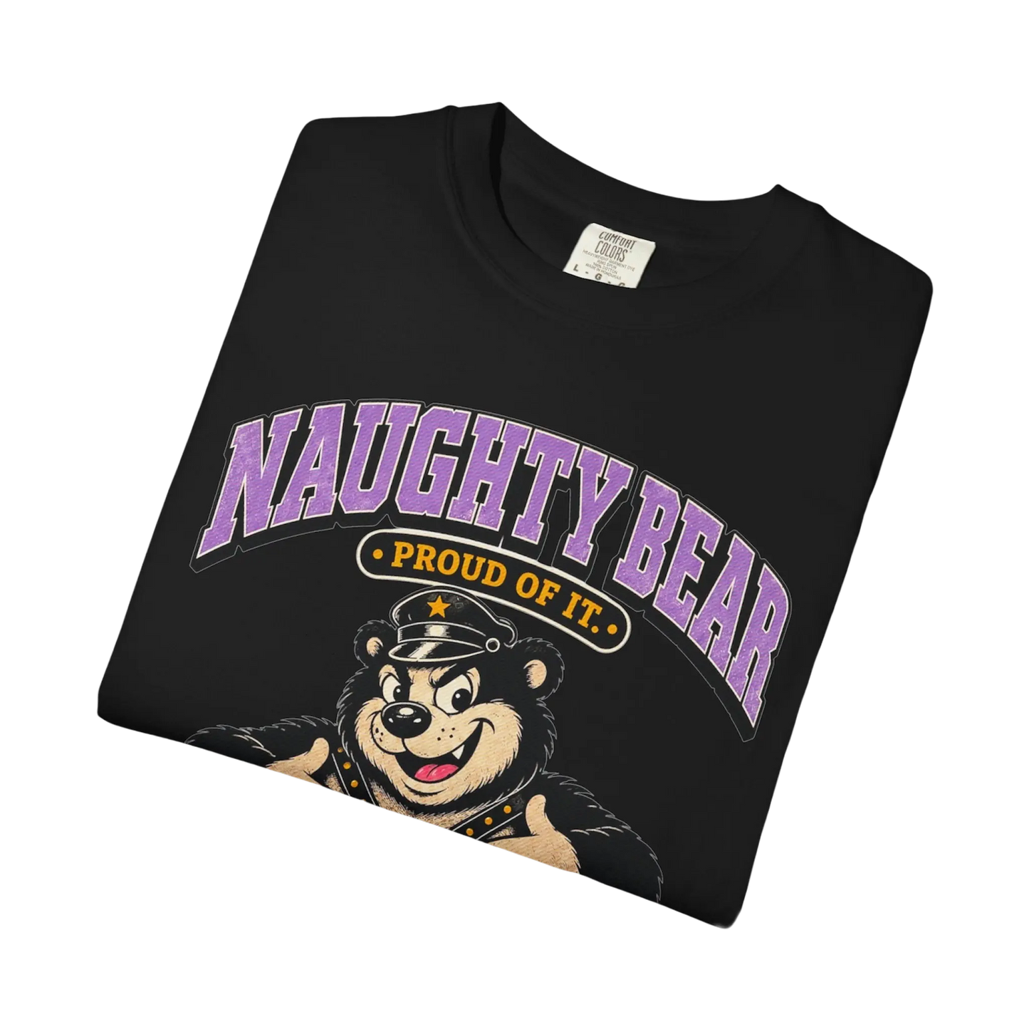 Vintage cartoon leather bear mascot with thumbs up on black folded tee