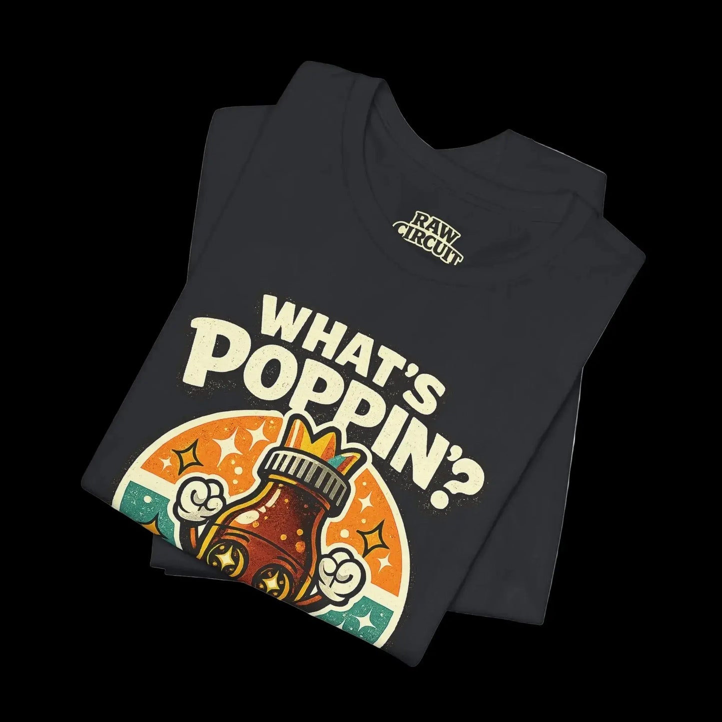 Black t-shirt with 'What's Poppin?' graphic design