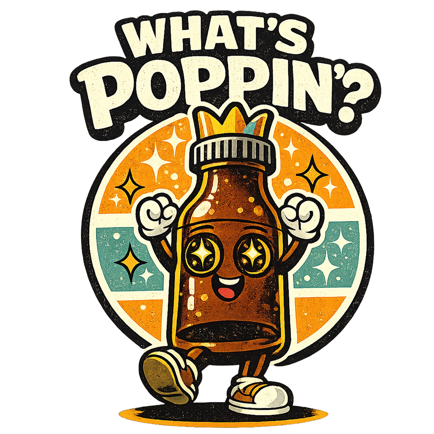 What's Poppin' retro bottle mascot graphic on natural tee — coded queer nightlife humor — Raw Circuit