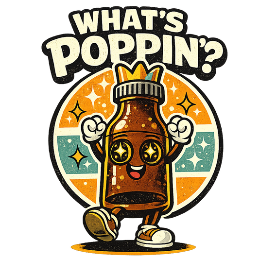 What's Poppin' retro bottle mascot graphic on natural tee — coded queer nightlife humor — Raw Circuit