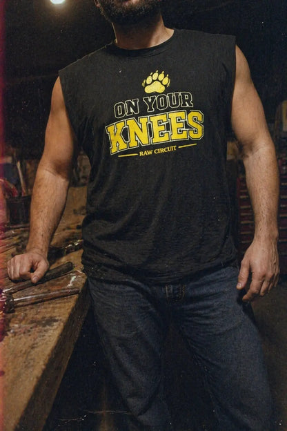 On Your Knees collegiate typography muscle tank — lifestyle shot — Raw Circuit