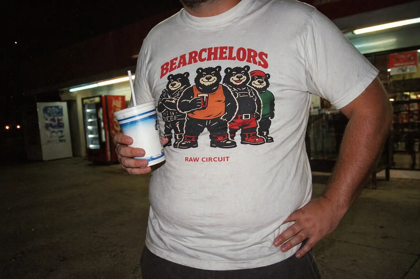 Bearchelors vintage gay bear group graphic tee — lifestyle shot — Raw Circuit
