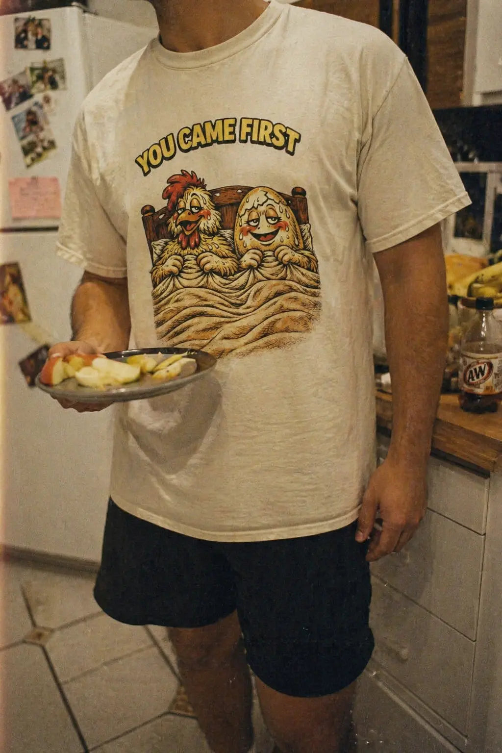You Came First retro chicken egg graphic tee — lifestyle shot — Raw Circuit