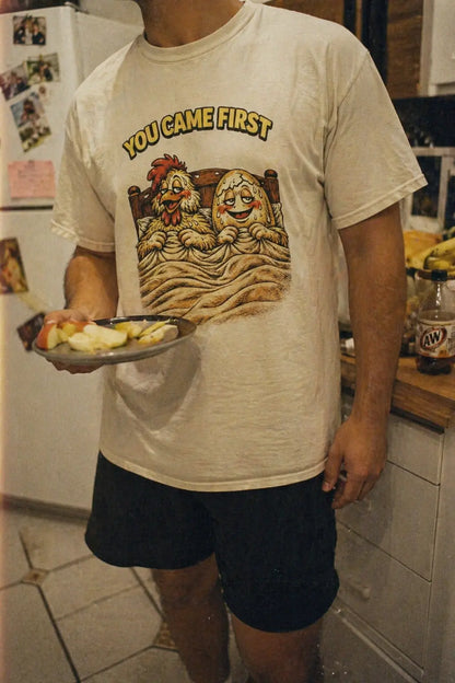 You Came First retro chicken egg graphic tee — lifestyle shot — Raw Circuit