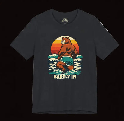 Retro “Barely In” bear graphic t-shirt with vintage sunset design on ivory background -vintage black