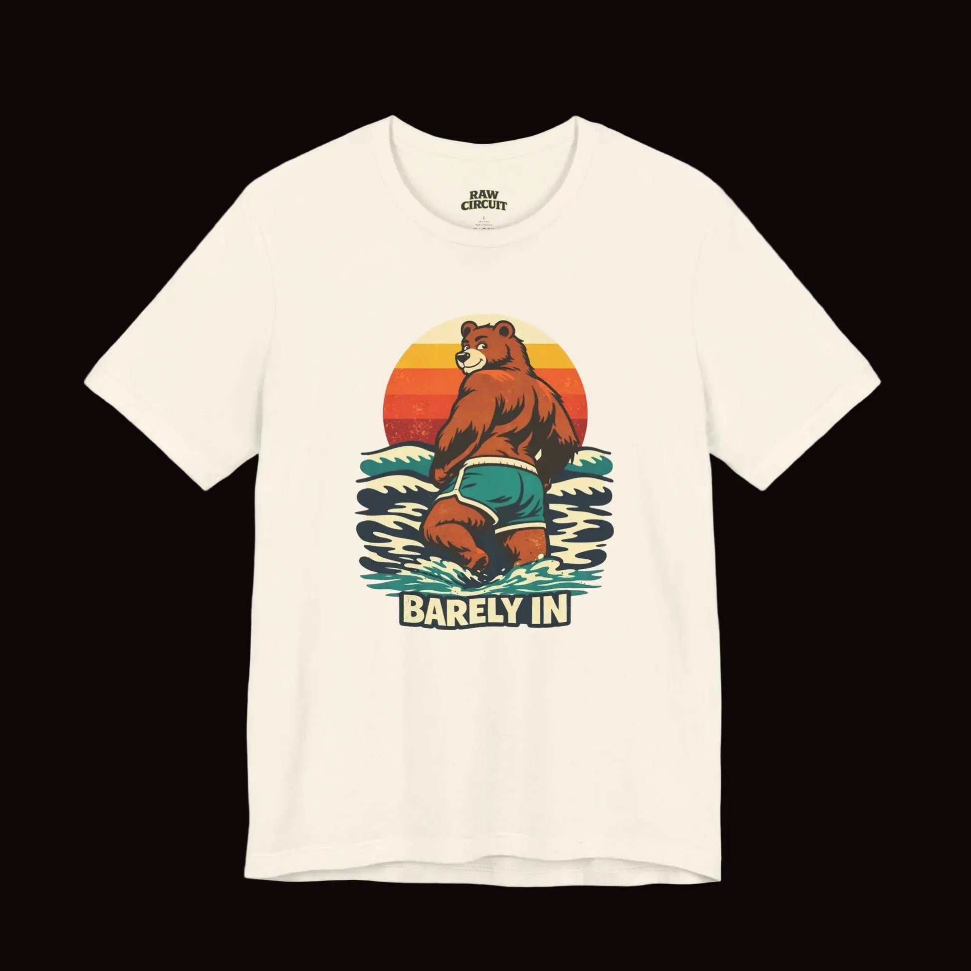 Retro “Barely In” bear graphic t-shirt with vintage sunset design on ivory background-Vintage white