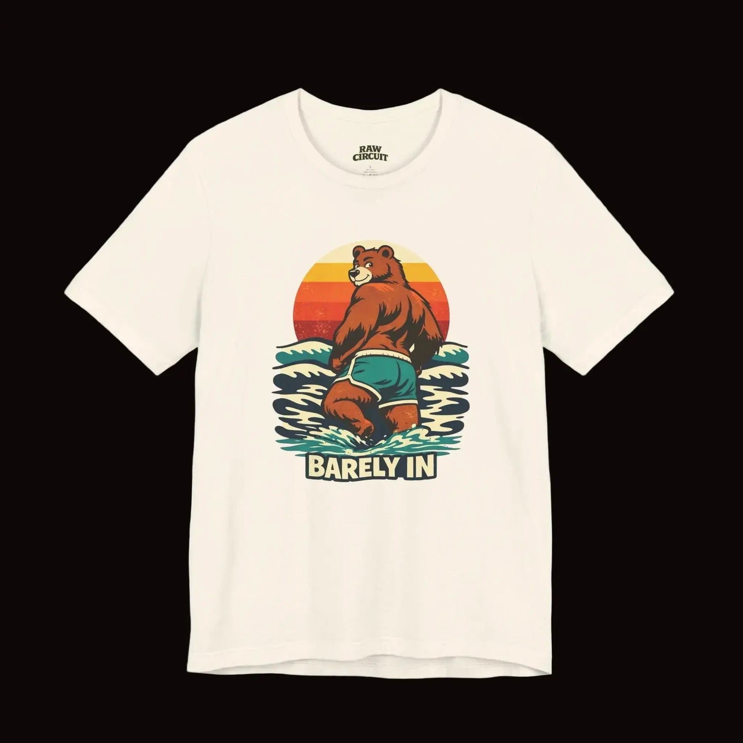 Retro Barely In beach bear graphic tee on vintage white — Raw Circuit