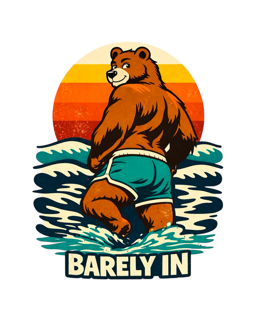 Retro “Barely In” bear graphic t-shirt with vintage sunset design on ivory background