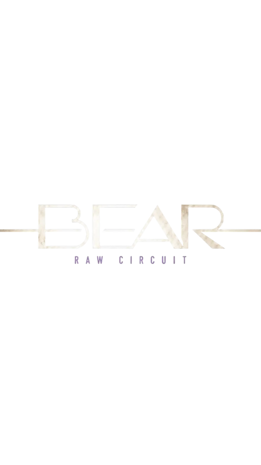 Minimalist BEAR collection logo with cream typography and lavender Raw Circuit lettering.