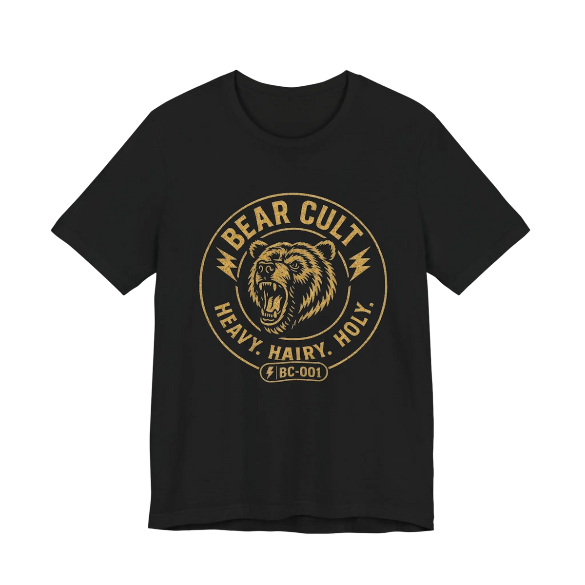 Black T-shirt with distressed mustard-gold BEAR CULT graphic, roaring bear illustration, and Heavy Hairy Holy lettering.