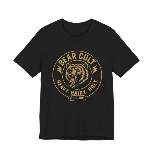 Black T-shirt with distressed mustard-gold BEAR CULT graphic, roaring bear illustration, and Heavy Hairy Holy lettering.