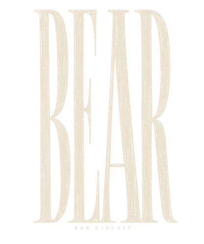 A minimalist logo design featuring the word 'BEAR' in a large, stylized serif font with a textured, hand-drawn appearance in a light cream color, with 'RAW CIRCULT' written in small uppercase letters underneath, all on a solid white background.