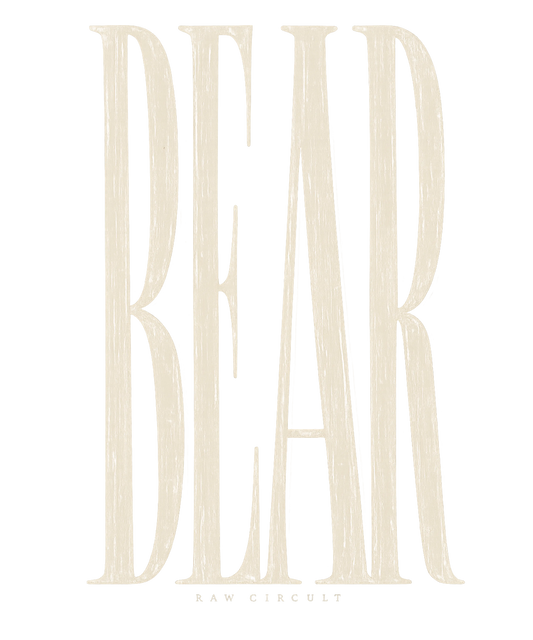 A minimalist logo design featuring the word 'BEAR' in a large, stylized serif font with a textured, hand-drawn appearance in a light cream color, with 'RAW CIRCULT' written in small uppercase letters underneath, all on a solid white background.