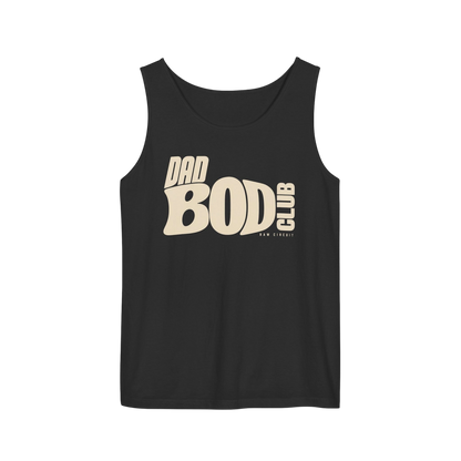 Black garment-dyed tank top with DAD BOD CLUB graphic printed across the chest.