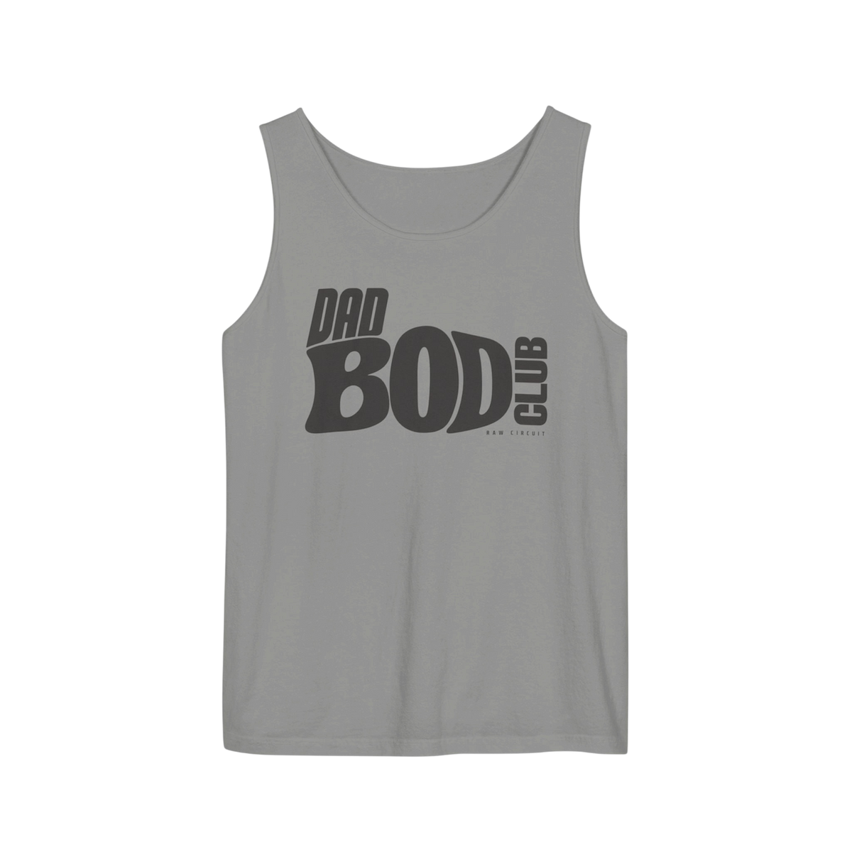 Granite garment-dyed tank top with DAD BOD CLUB graphic printed across the chest.