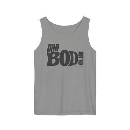 Granite garment-dyed tank top with DAD BOD CLUB graphic printed across the chest.