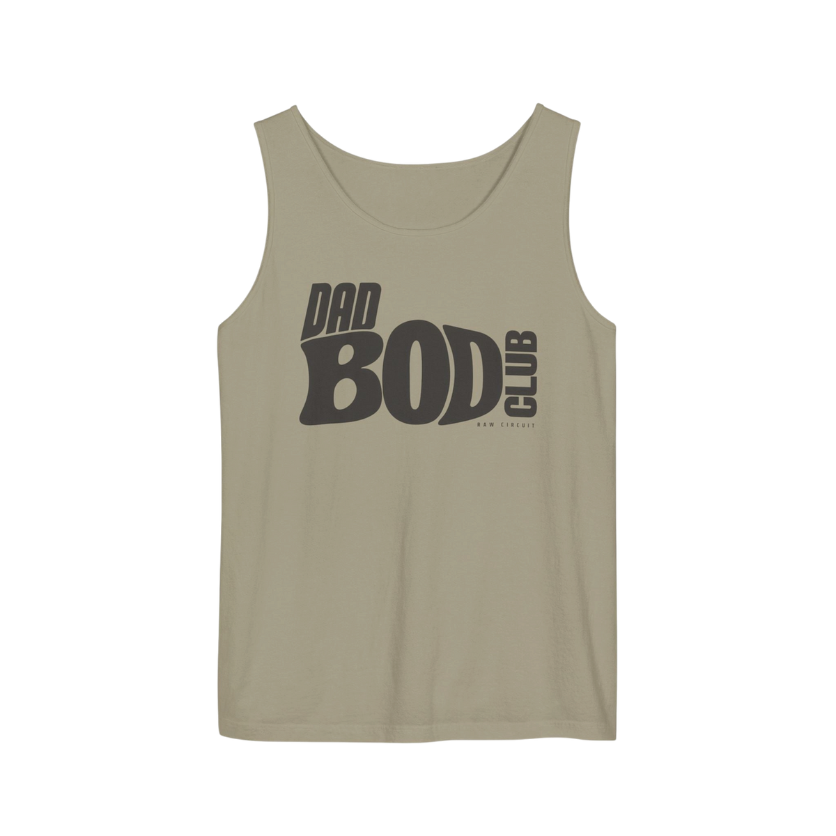 Sandstone garment-dyed tank top with dark charcoal DAD BOD CLUB typography printed across the chest.