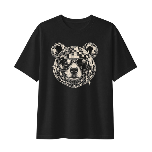 Black heavyweight T-shirt with mirrored disco bear artwork and aviator sunglasses printed on the front.