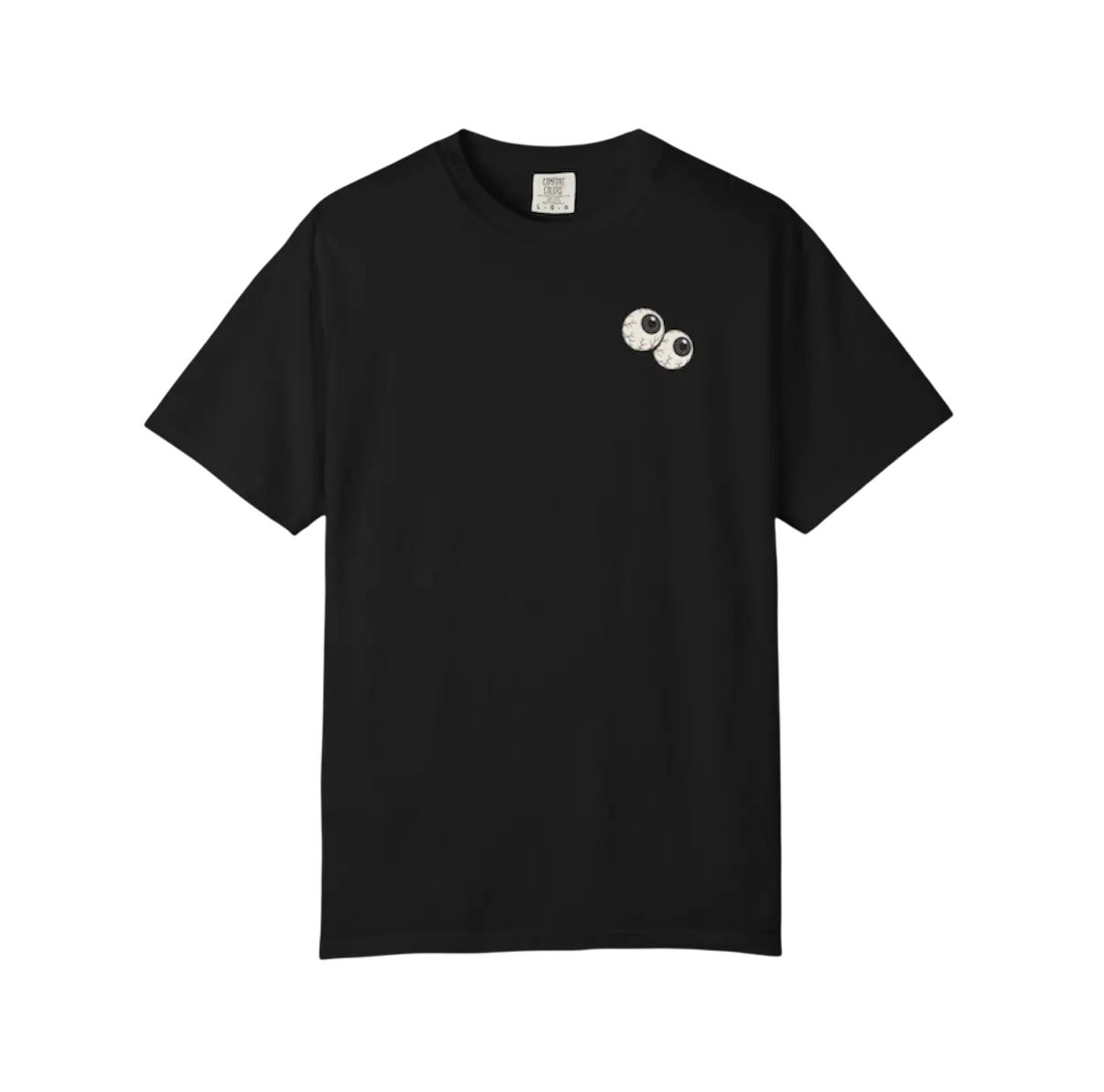 Heavyweight black graphic T-shirt featuring a small illustrated eyes graphic on the left front chest and oversized vertical INTO? artwork across the back.