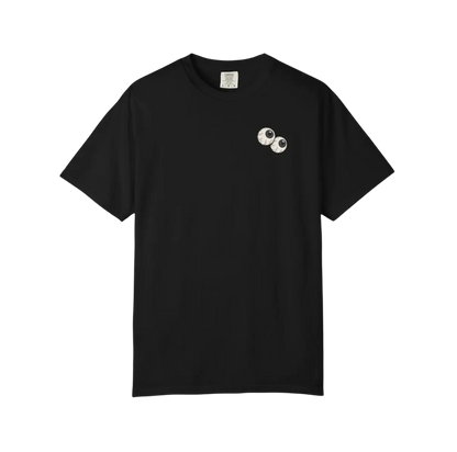 Heavyweight black graphic T-shirt featuring a small illustrated eyes graphic on the left front chest and oversized vertical INTO? artwork across the back.