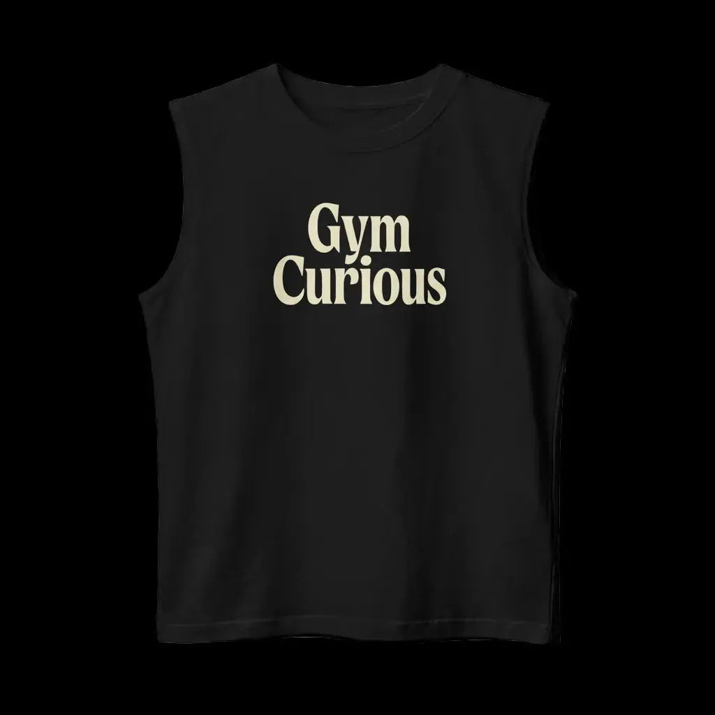 Sleeveless muscle tank for Raw Circuit on black that says “Gym Curious”