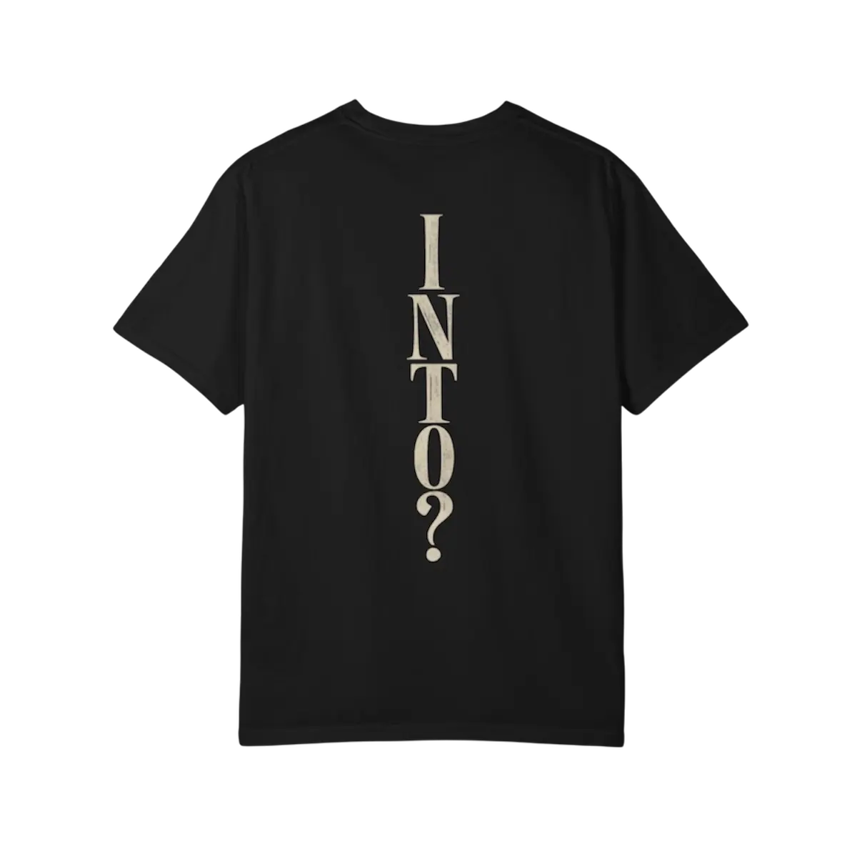 Heavyweight black graphic T-shirt featuring a small illustrated eyes graphic on the left front chest and oversized vertical INTO? artwork across the back.