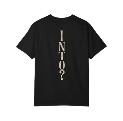 Heavyweight black graphic T-shirt featuring a small illustrated eyes graphic on the left front chest and oversized vertical INTO? artwork across the back.