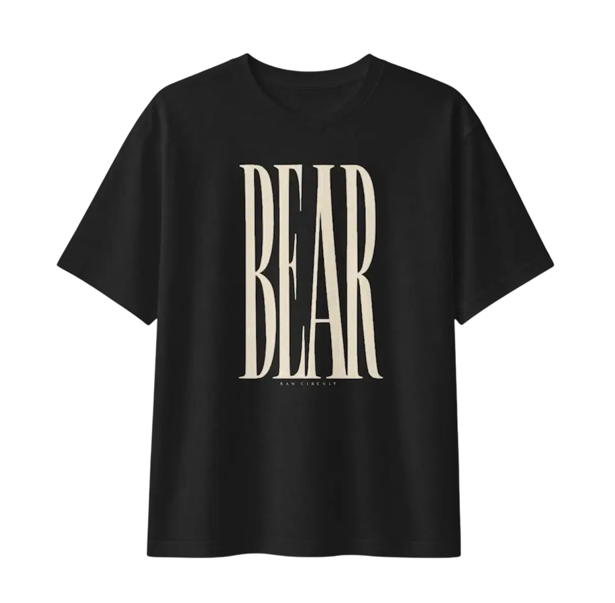 Oversized BEAR typography printed in custom hand-drawn editorial lettering on a heavyweight black and dust graphic t-shirt black.