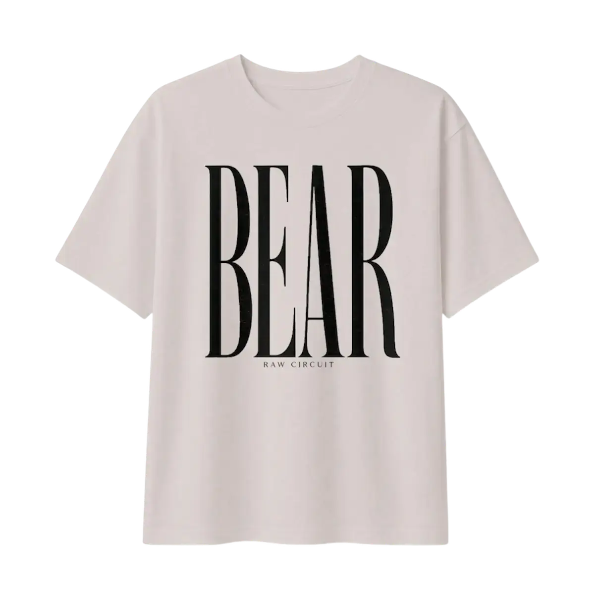 Oversized BEAR typography printed in custom hand-drawn editorial lettering on a heavyweight black and dust graphic t-shirt dust.