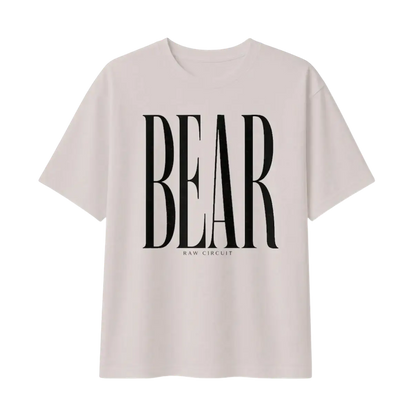 Oversized BEAR typography printed in custom hand-drawn editorial lettering on a heavyweight black and dust graphic t-shirt dust.