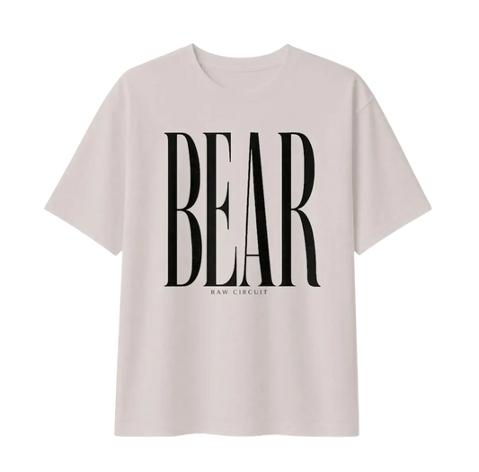 Oversized BEAR typography printed in custom hand-drawn editorial lettering on a heavyweight black and dust graphic t-shirt dust.