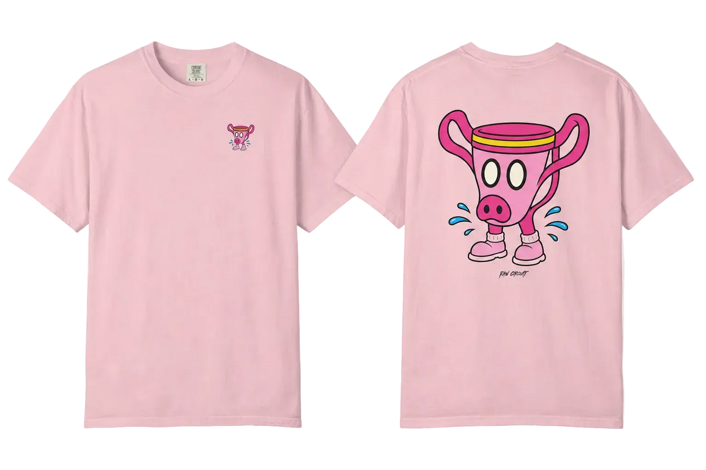 Raw Circuits ‘Piggy’ graphic both front and back print mockups on blossom comfort colors shirt.