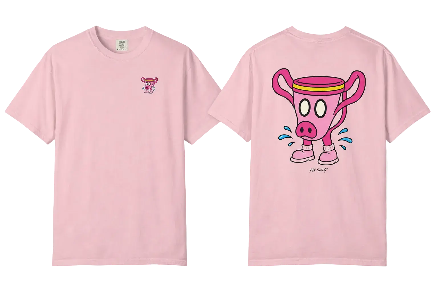 Raw Circuits ‘Piggy’ graphic both front and back print mockups on blossom comfort colors shirt.