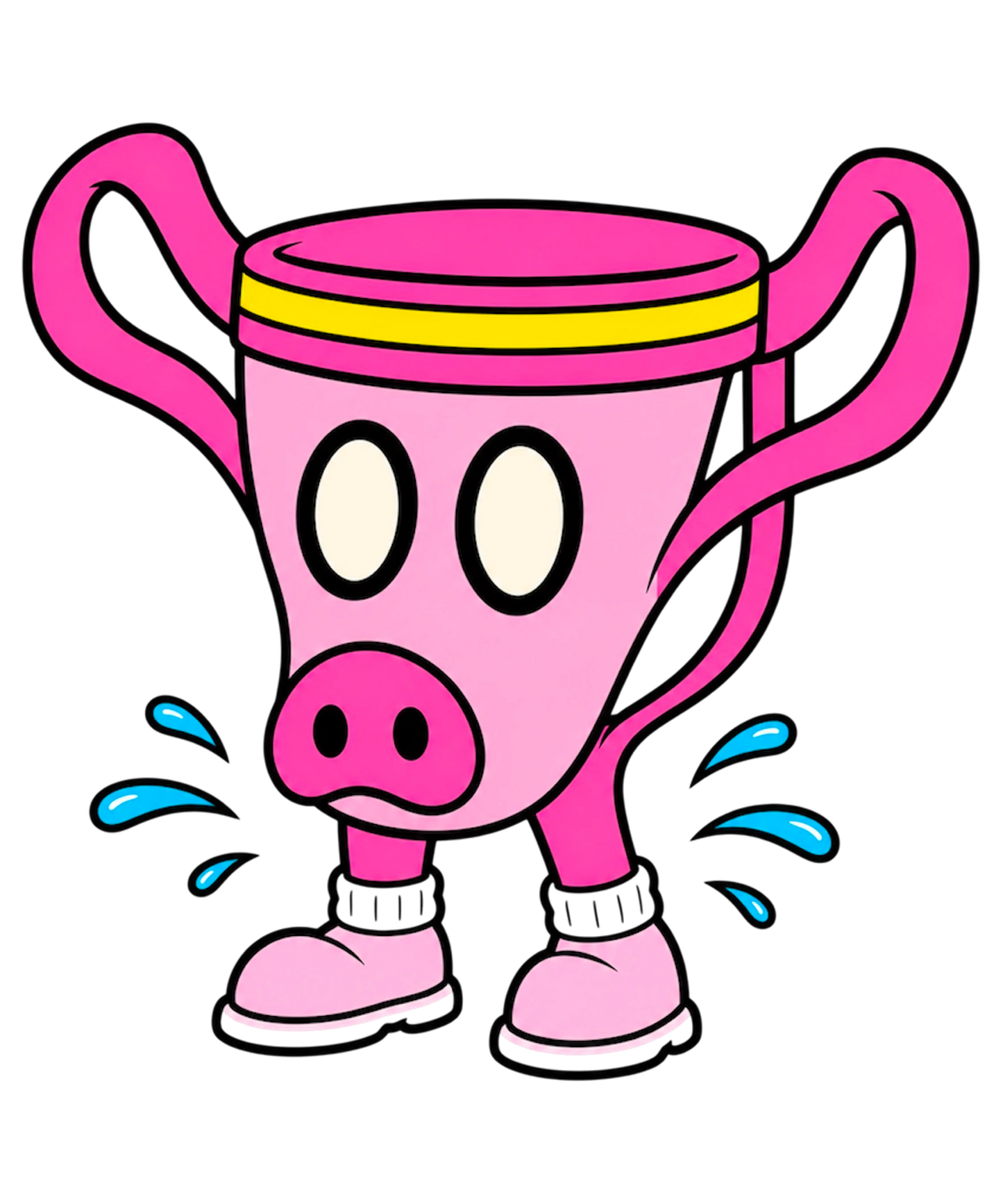 Pink pig-snouted trophy mascot wearing pink sneakers with blue sweat splashes.