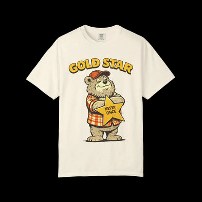Vintage Raw Circuit bear holding a gold star with humorous slogan “Never Once”.