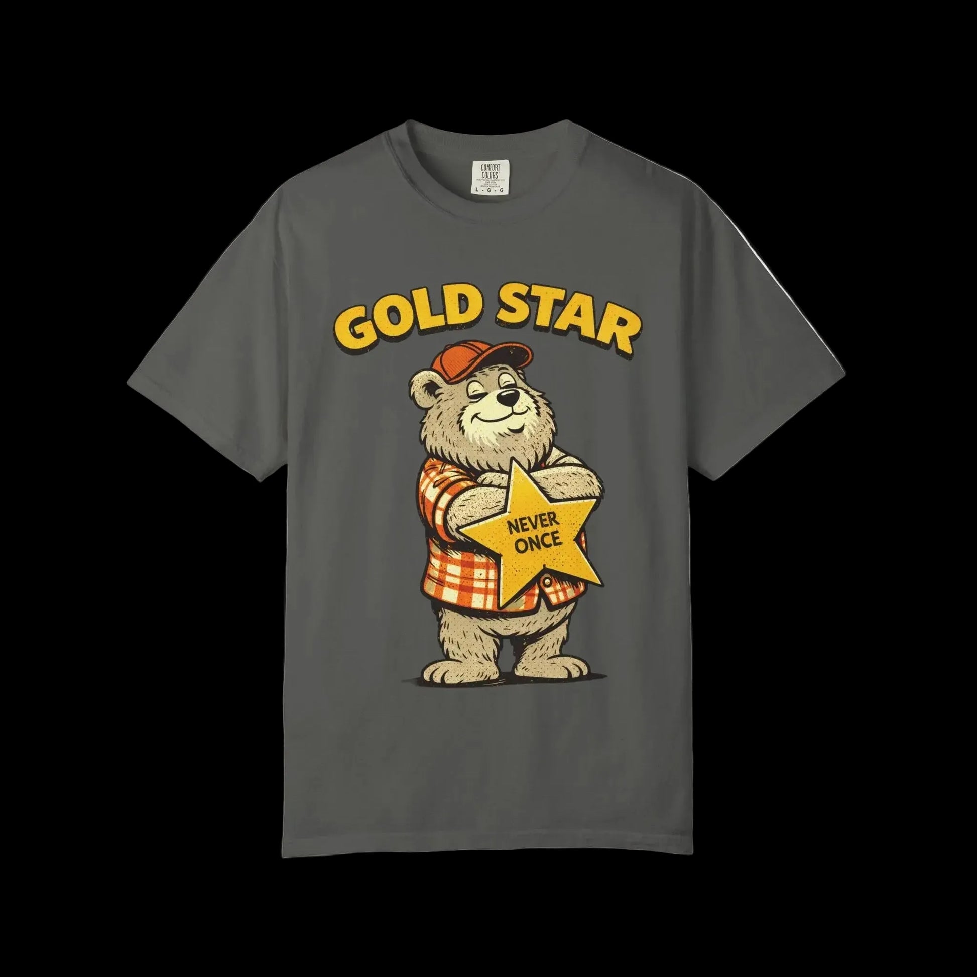 A vintage graphic t-shirt in pepper gray with retro bear illustration and humorous gold star design.