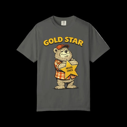 A vintage graphic t-shirt in pepper gray with retro bear illustration and humorous gold star design.