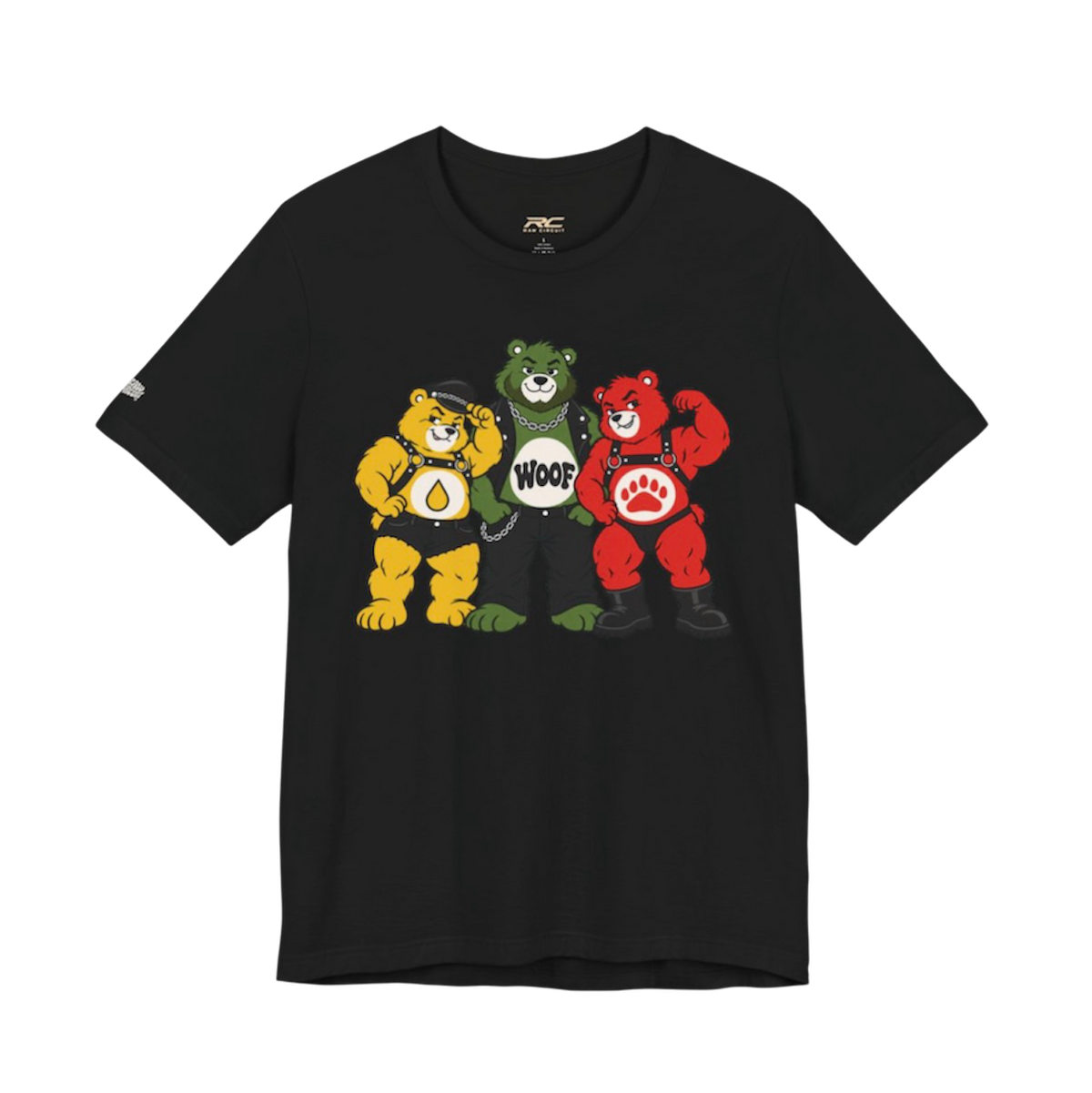 Black Tee with a graphic of three colorful bears in leather, chains, and boots.