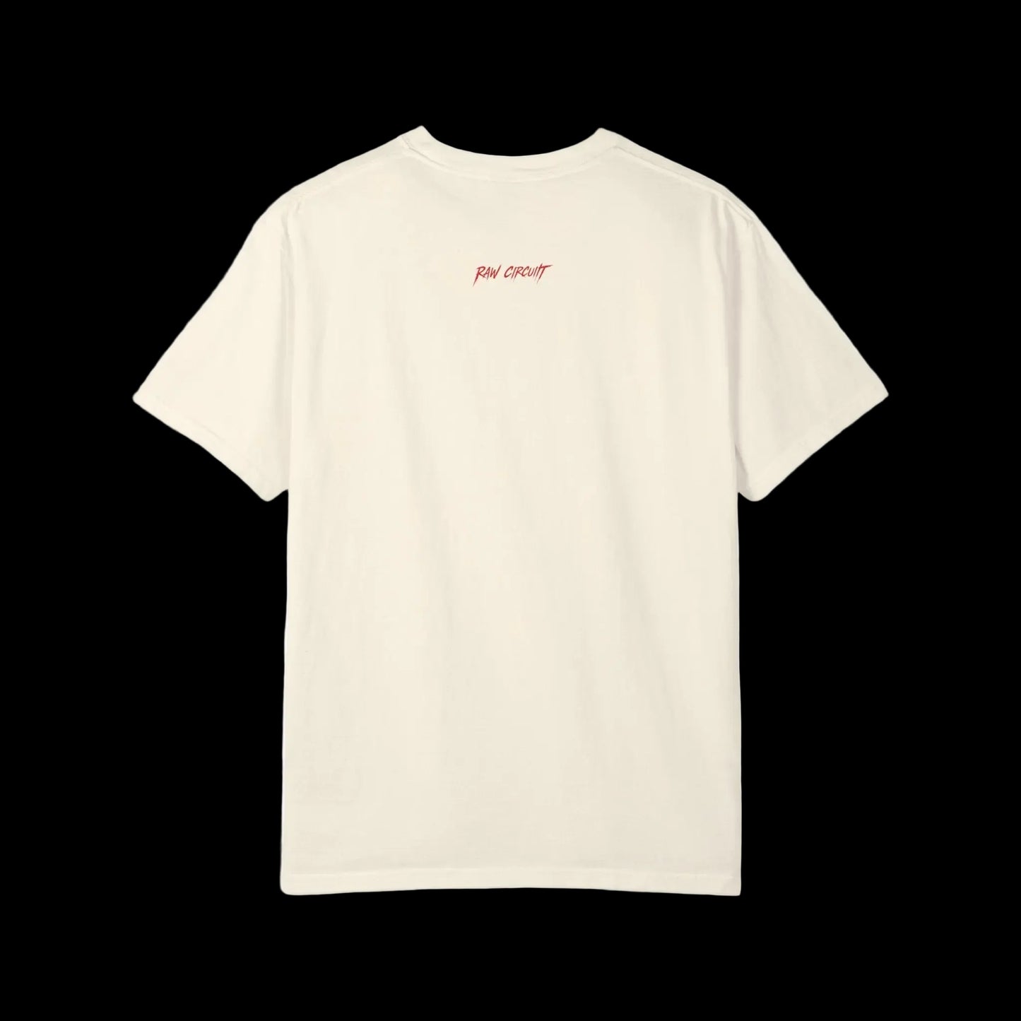 Raw circuit logo on back of ivory shirt in red 