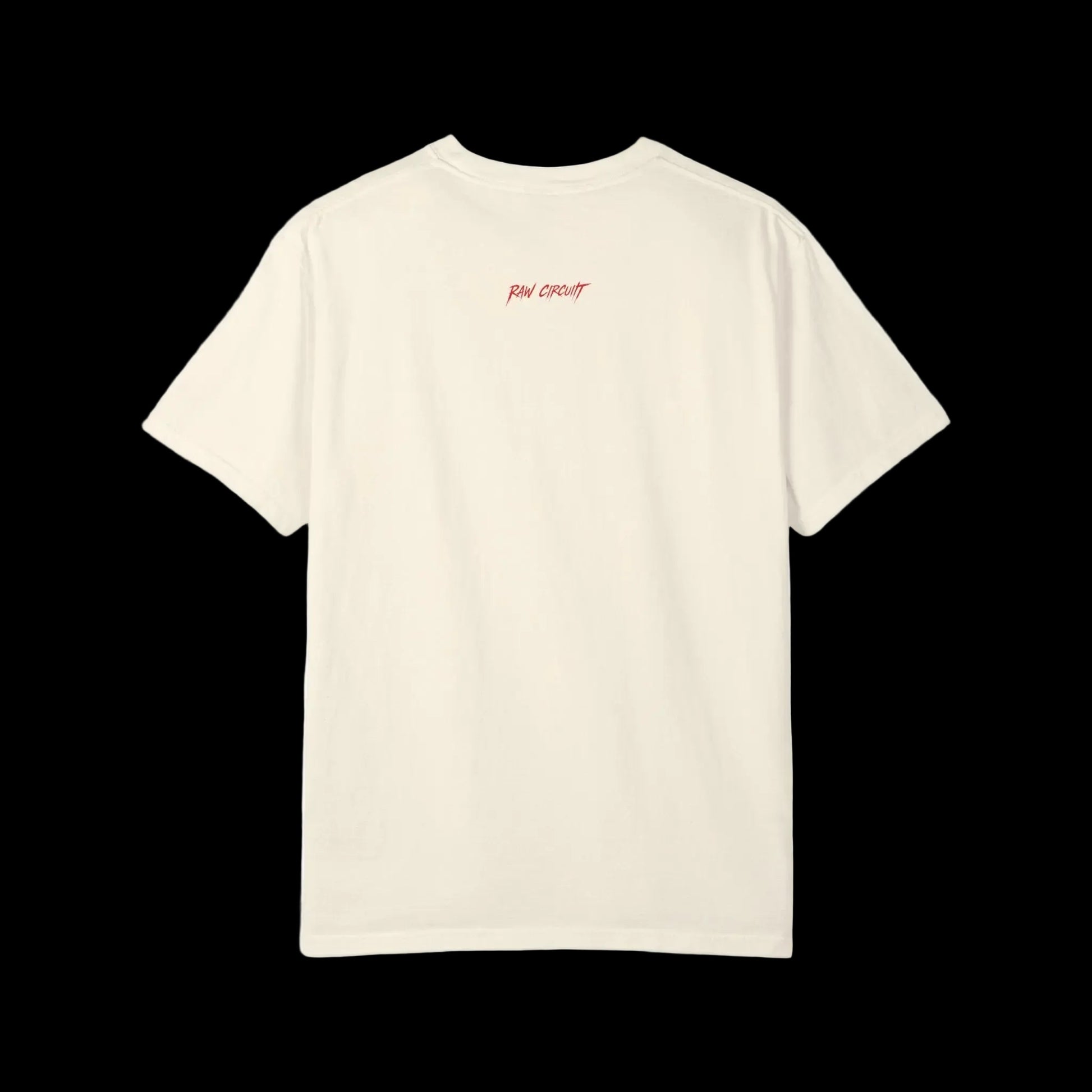Raw circuit logo on back of ivory shirt in red 