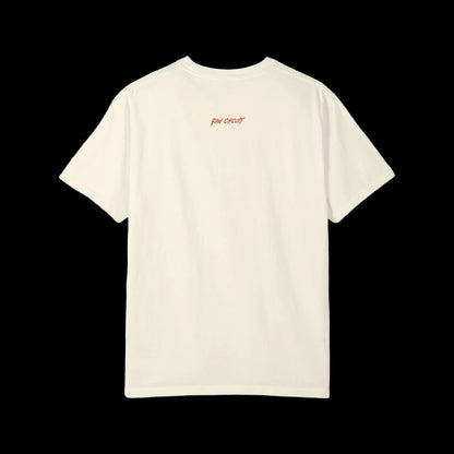 Raw circuit logo on back of ivory shirt in red 