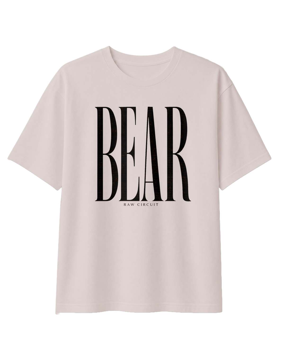 Front view of the RAW CIRCUIT BEAR graphic tee in Dust, featuring oversized, vertically stretched black serif lettering centered on the chest, with a small RAW CIRCUIT signature beneath the design.
