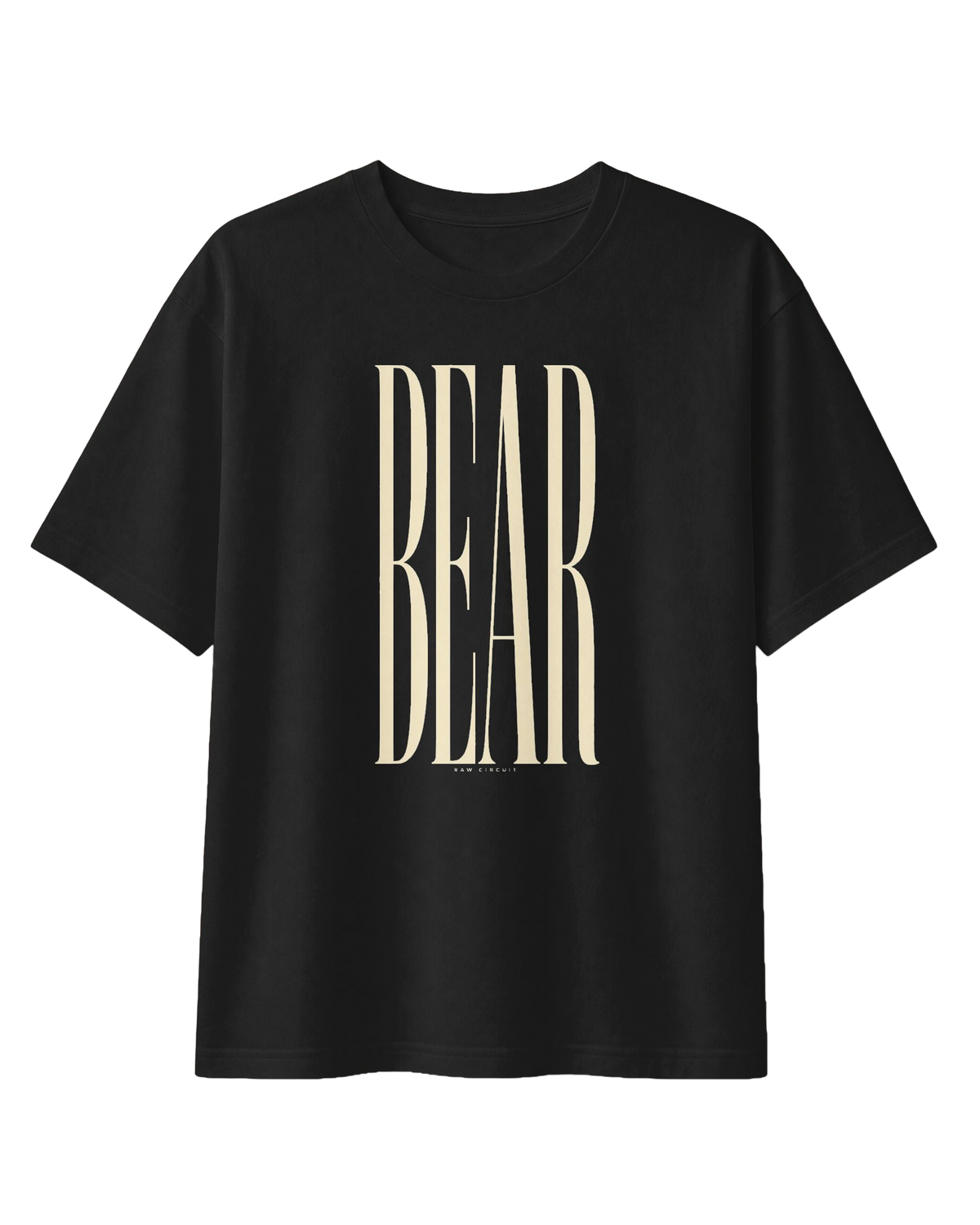 Front view of the RAW CIRCUIT BEAR graphic tee in black, featuring oversized, vertically stretched ivory serif lettering centered on the chest, with a small RAW CIRCUIT signature beneath the design.